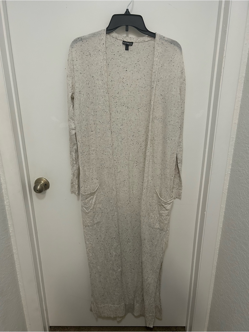Express Long Cream Speckled Open-Front Cardigan
